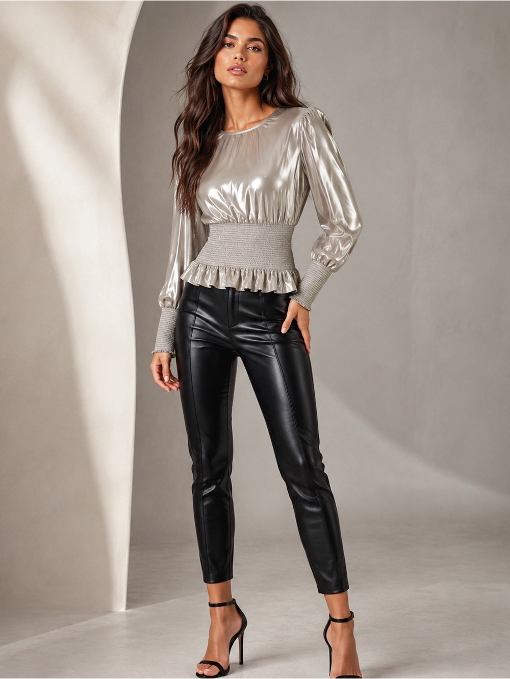 Wilfred Aritzia Metallic Ballad Pewter Smocked Waist Top Size S